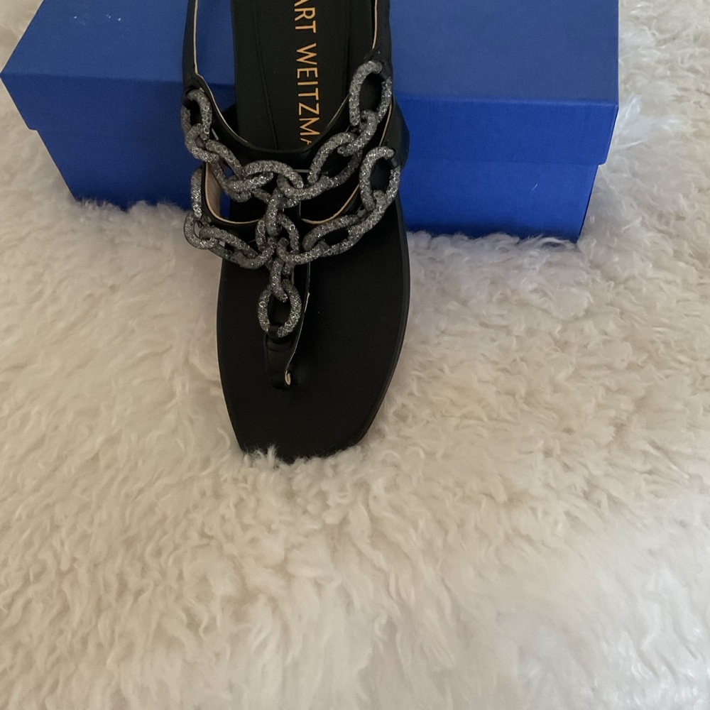 Stuart Weitzman Black Sandals with Glittering Silver Chains